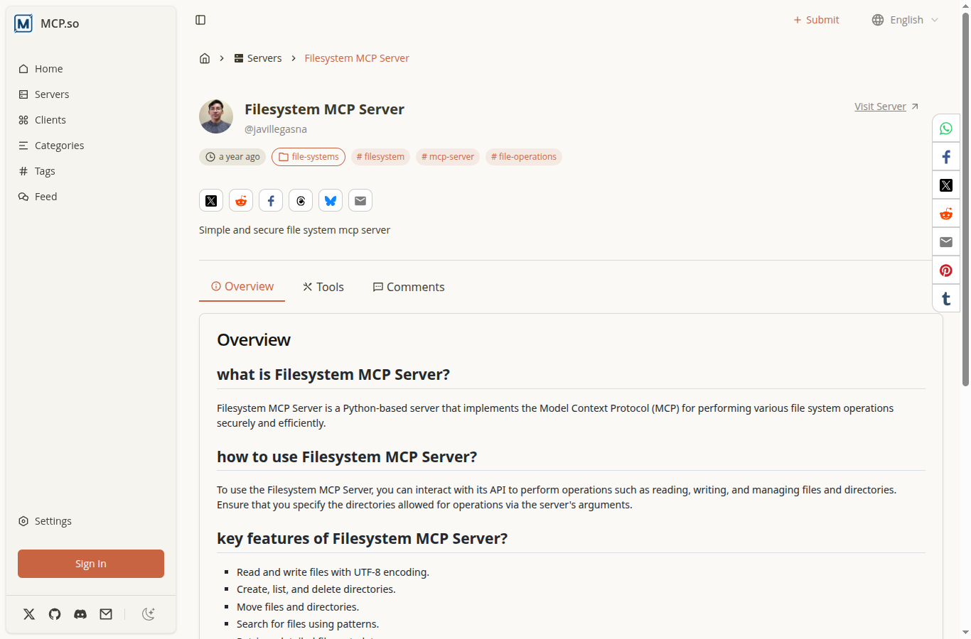 Filesystem MCP Server listed on mcp.so by @javillegasna