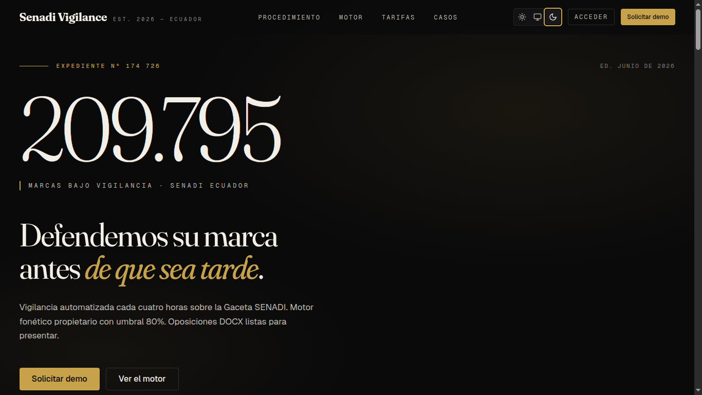 SENADI Vigilance landing page — automated trademark watch for Ecuador
